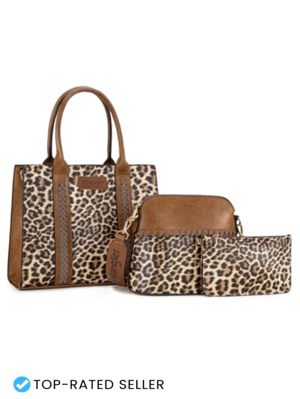3Pc Faux Leather Leopard Tote Crossbody Bag & Wallet Set with Guitar Strap